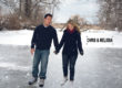 couple skating on frozen pond