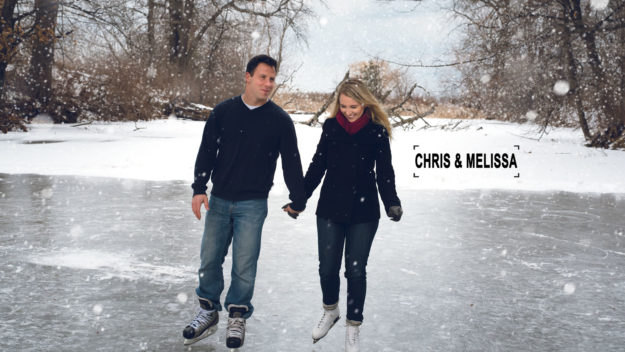 couple skating on frozen pond