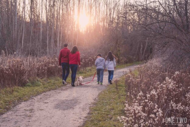 family walk fall sunset golden hour